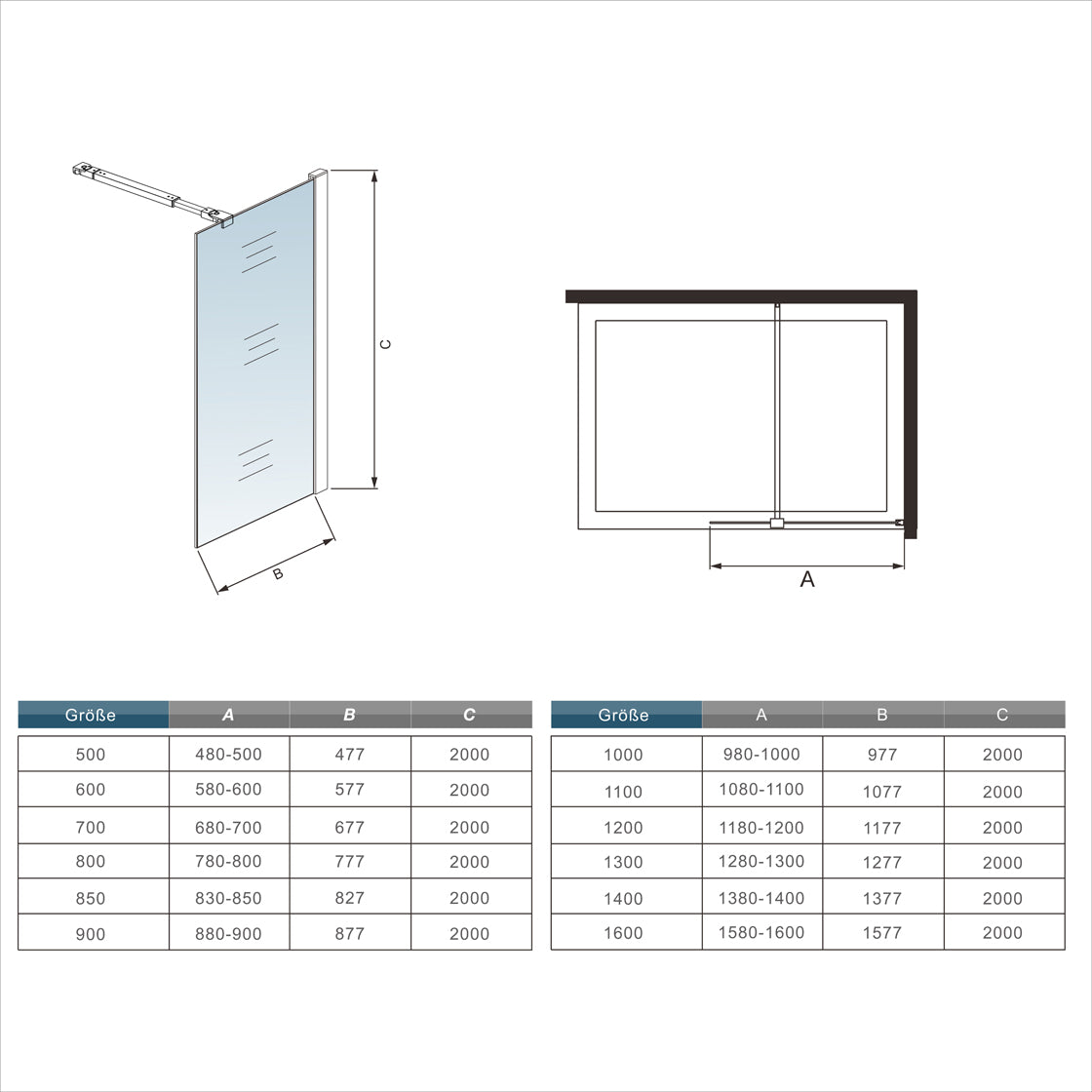 Mamparas de Ducha Pantalla Panel Fijo, Vidrio tratamiento antical 8mm + Barra de soporte
