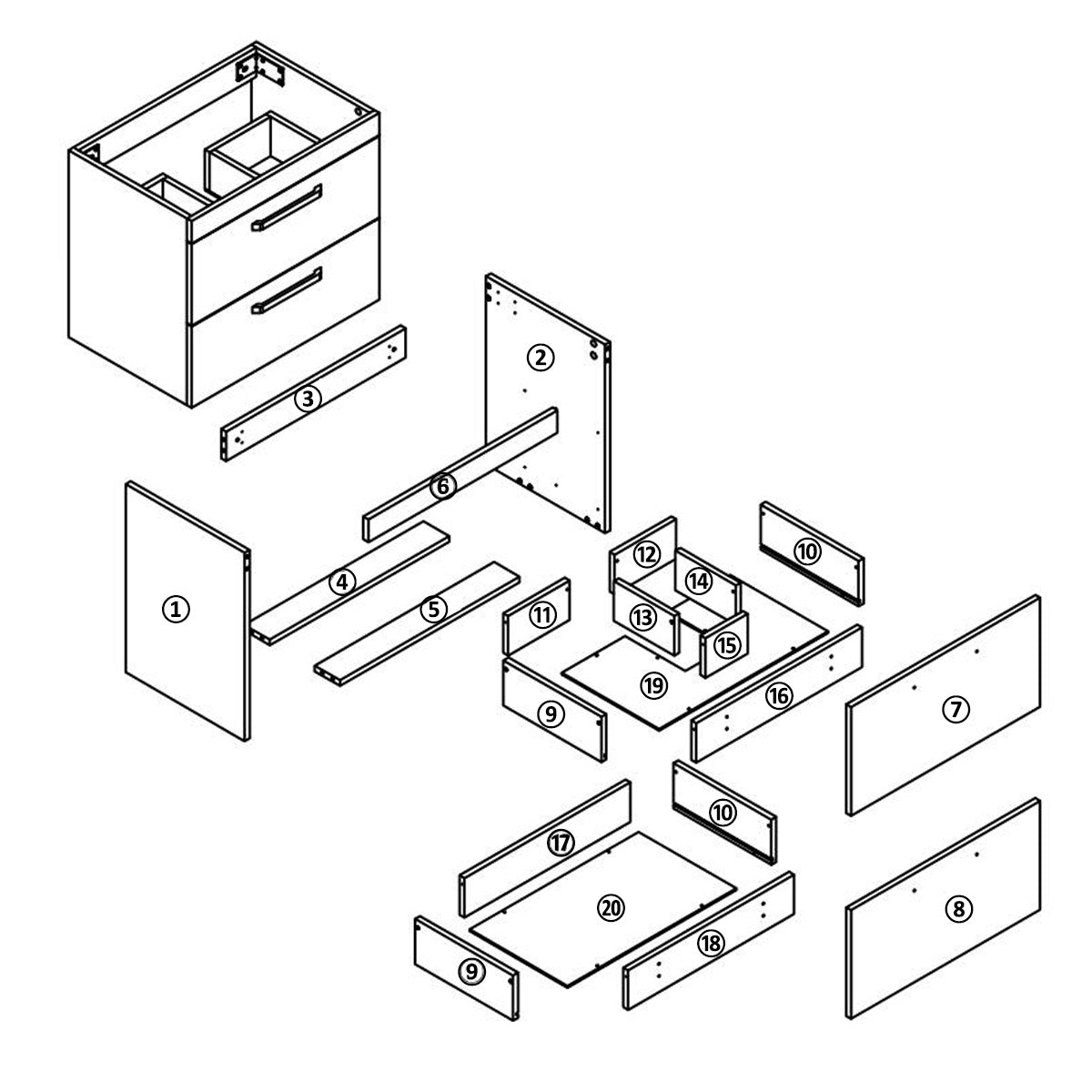 Armario de baño Sujetado en Pared sin Pies con dos cajones 580x380x500mm, Mueble de baño con Lavabo de Porcelana610x395x18mm, Color blanco