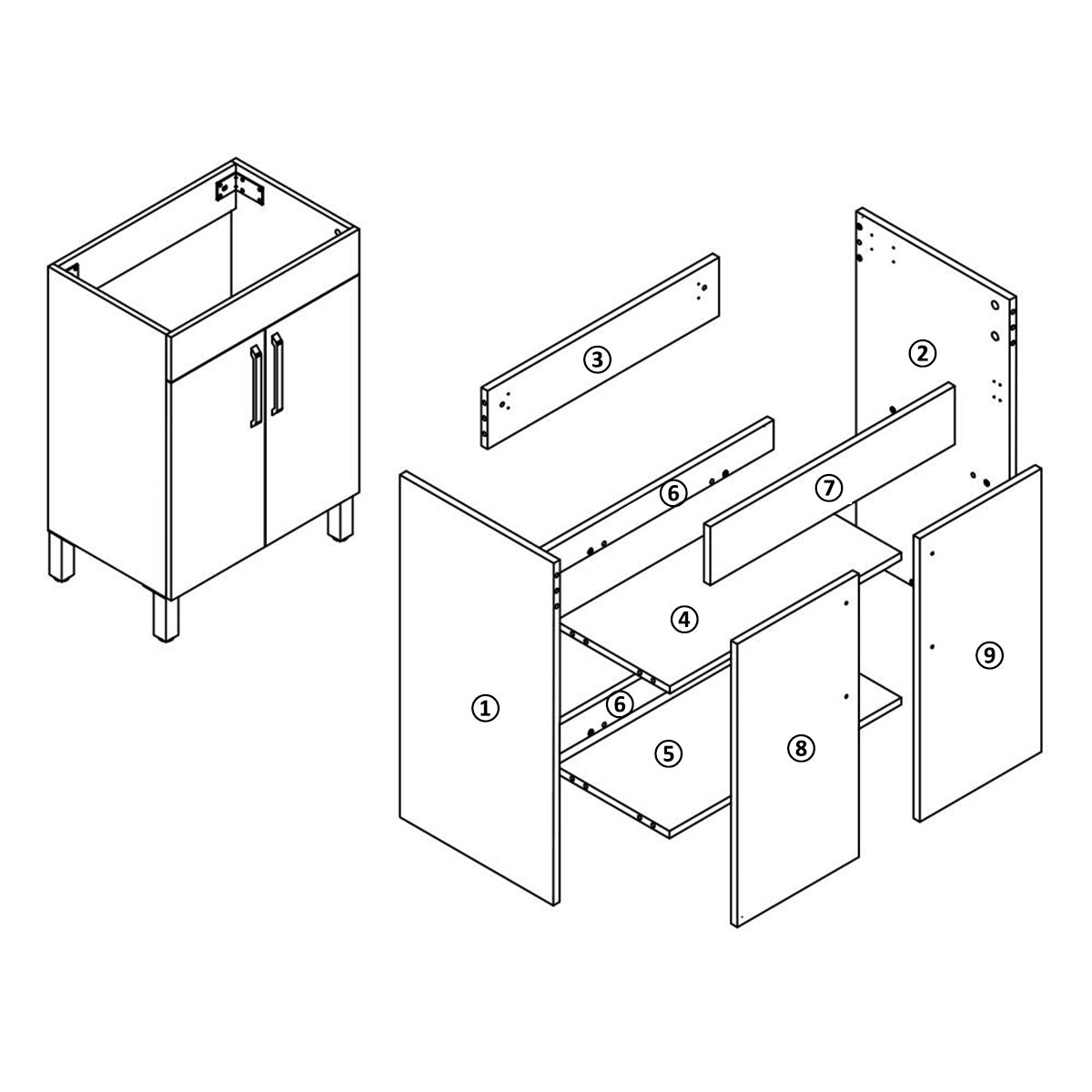 Armario de baño de Pie con Dos Puertas580x380x824mm, Mueble de baño con Lavabo de Porcelana610x395x18mm, Color blanco