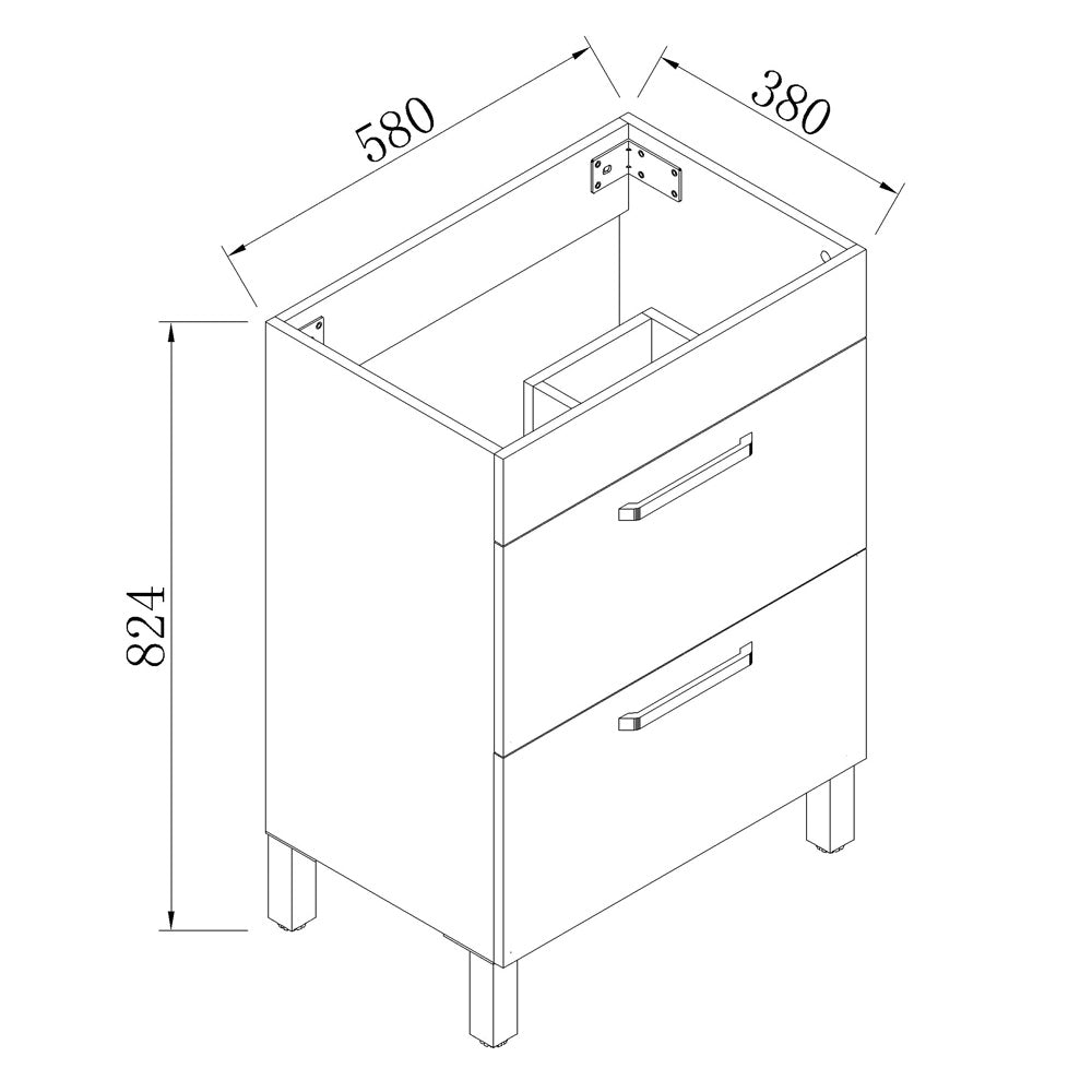 Armario de baño de Pie con Dos Cajones580x380x824mm, Mueble de baño con Lavabo de Porcelana610x395x18mm, Color blanco