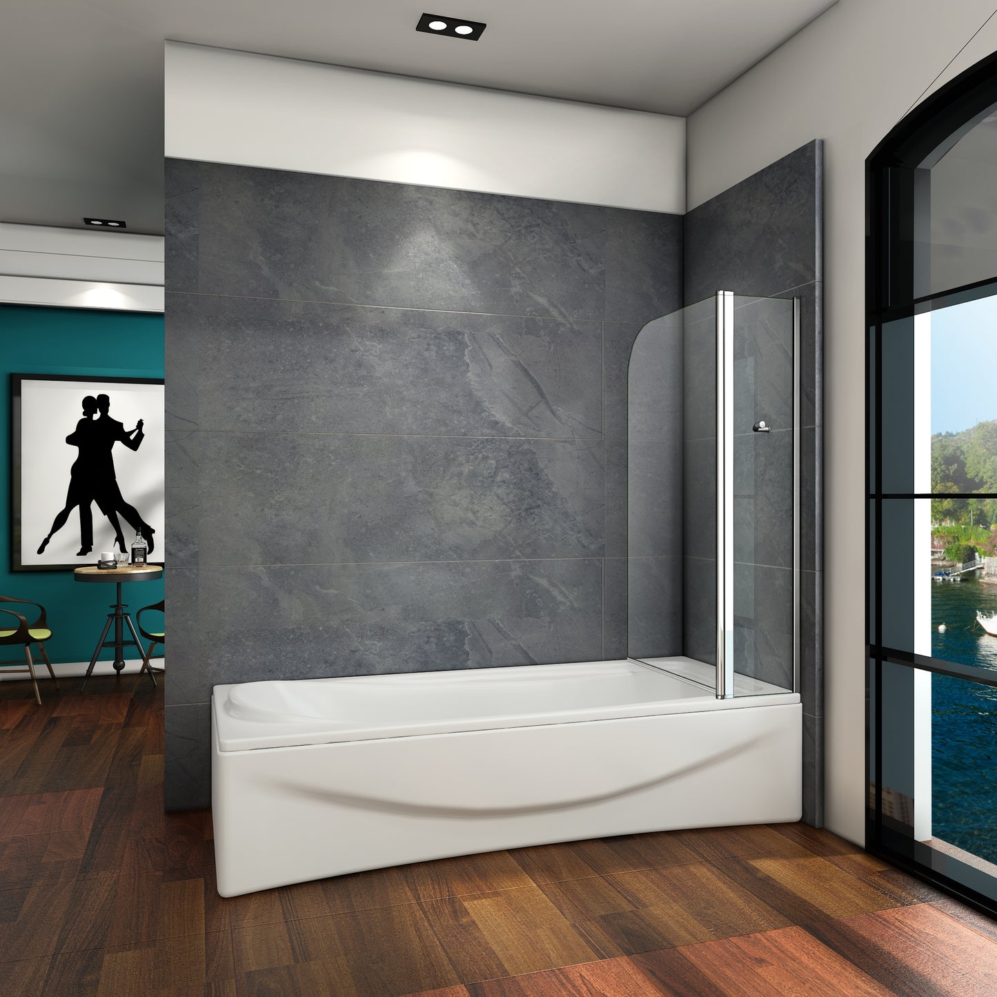 Mampara de Bañera Abatible Giratorio 4mm Perfil Gris Mate - 1 Hoja Fija + Abatible
