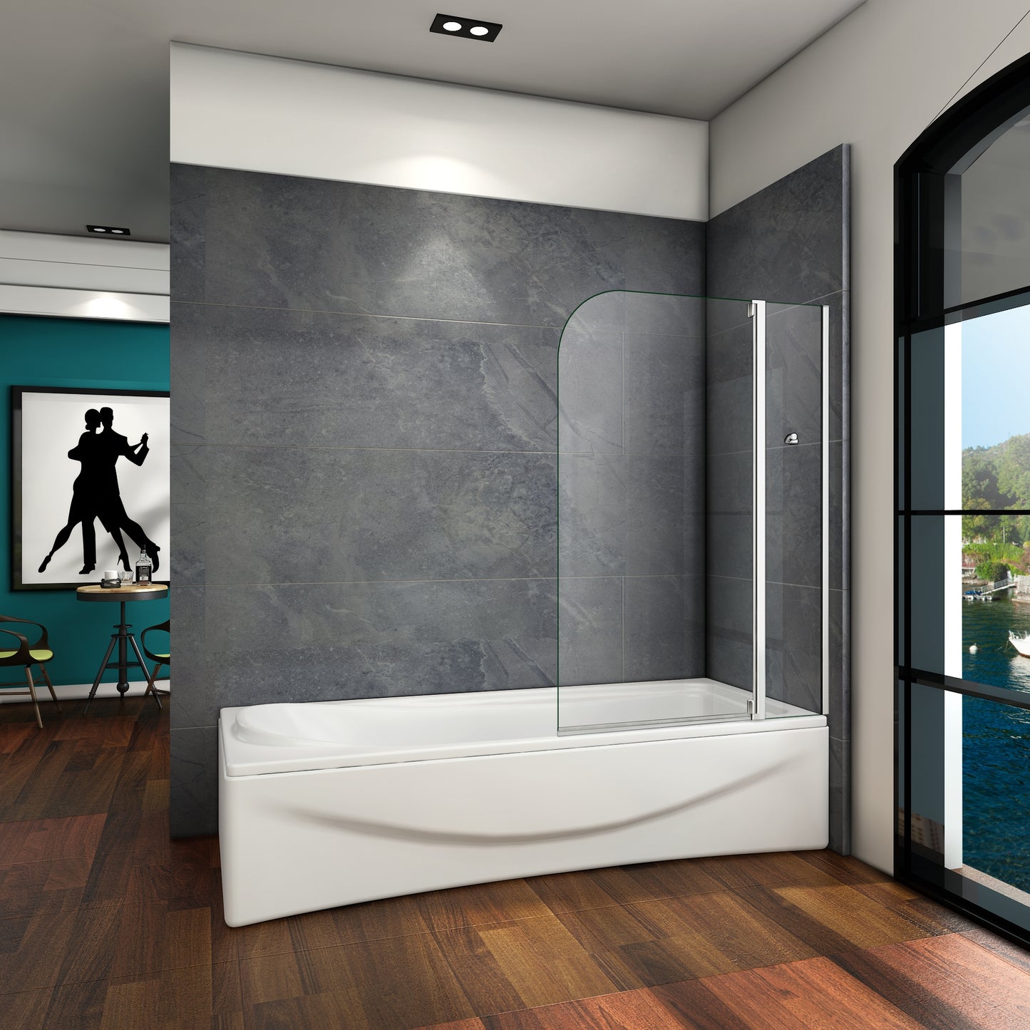 Mampara de Bañera Abatible Giratorio 4mm Perfil Gris Mate - 1 Hoja Fija + Abatible