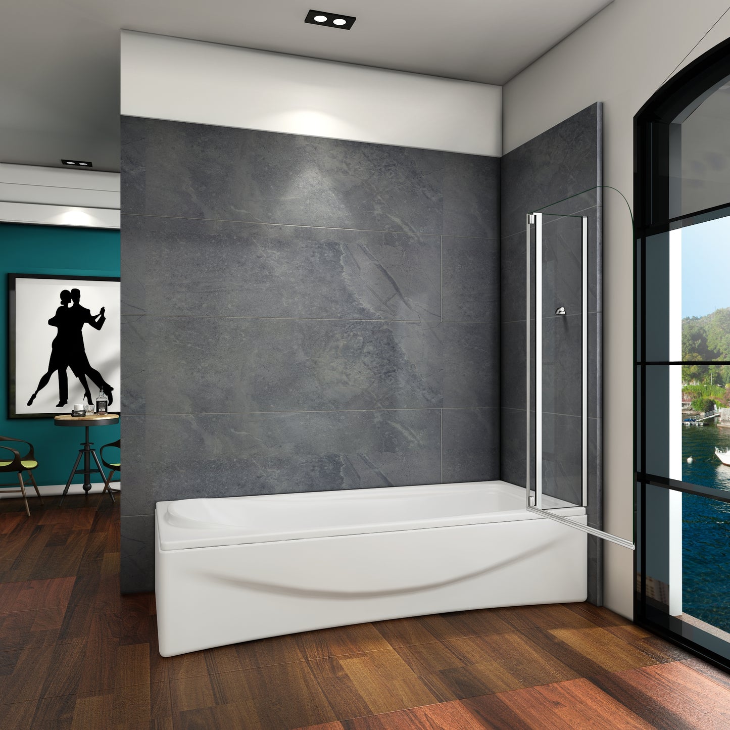 Mampara de Bañera Abatible Giratorio 4mm Perfil Gris Mate - 1 Hoja Fija + Abatible