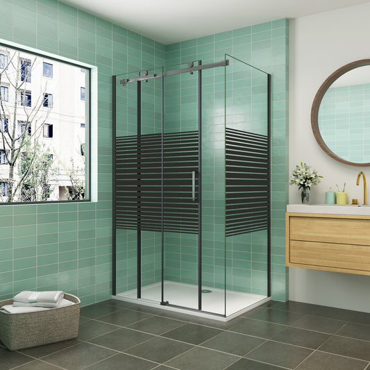 Cabina de ducha 200cm corredera Cabina de ducha PERFIL NEGRO MATE Vidrio templado Serigrafiado 8 MM Antical
