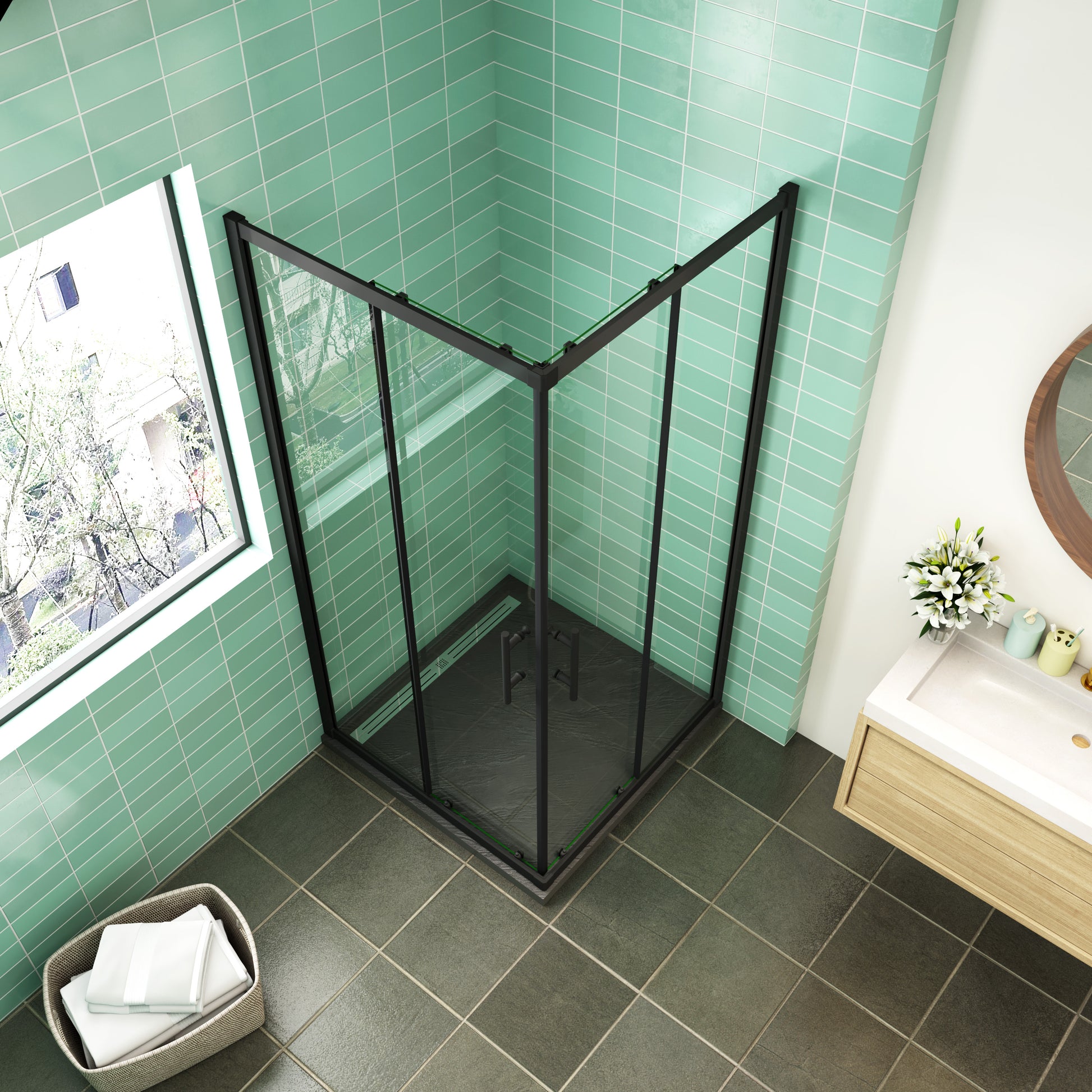 CABINA DE DUCHA DE ESQUINA CORREDERA ANTICAL 6MM CON PERFILERIA NEGRA MATE ALTURA DE 190 CM,ENTRADA ESQUINA