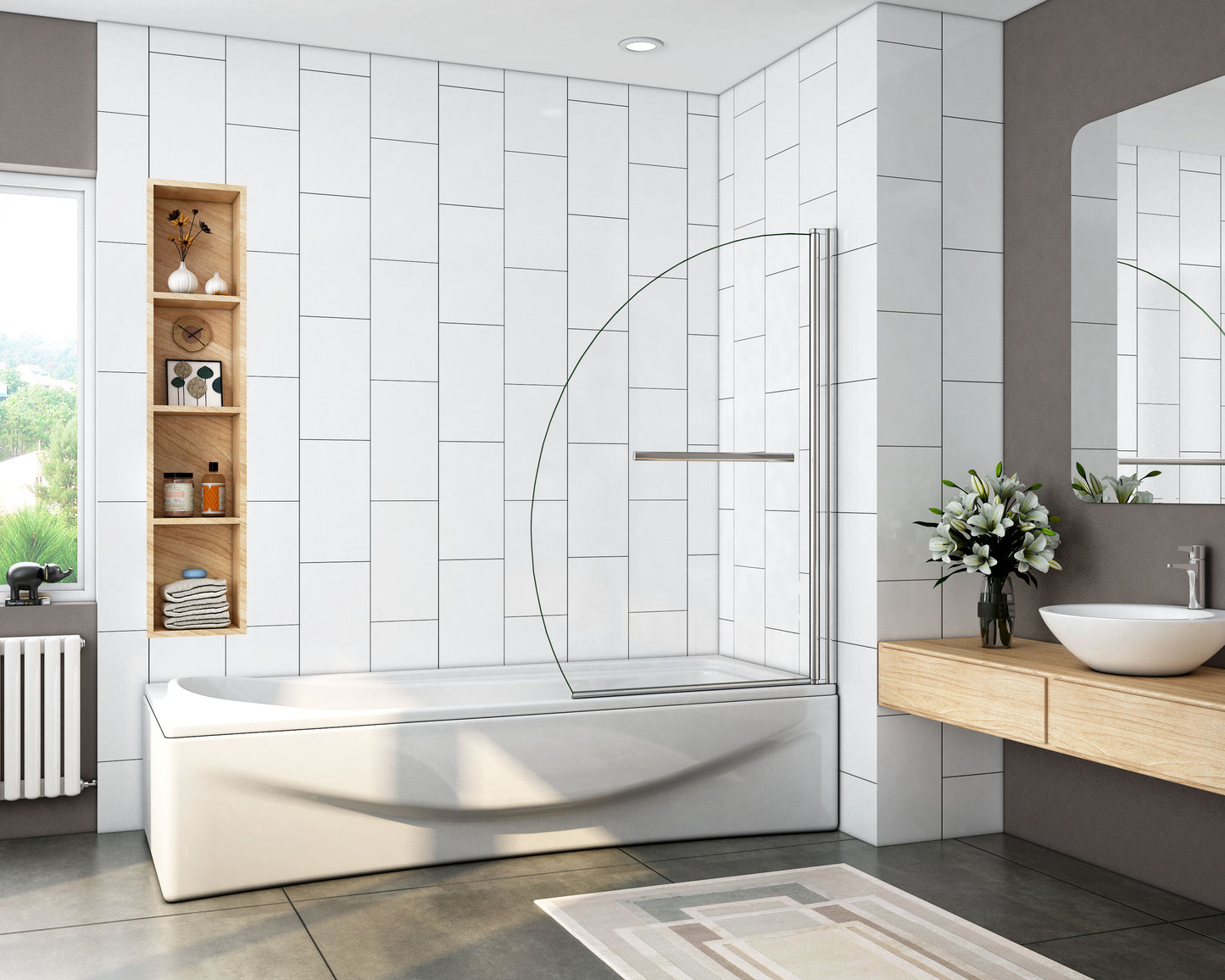 liquidacion Mampara de bañera en forma media luna, vidrio transparente templado con tratamiento antcial 8mm