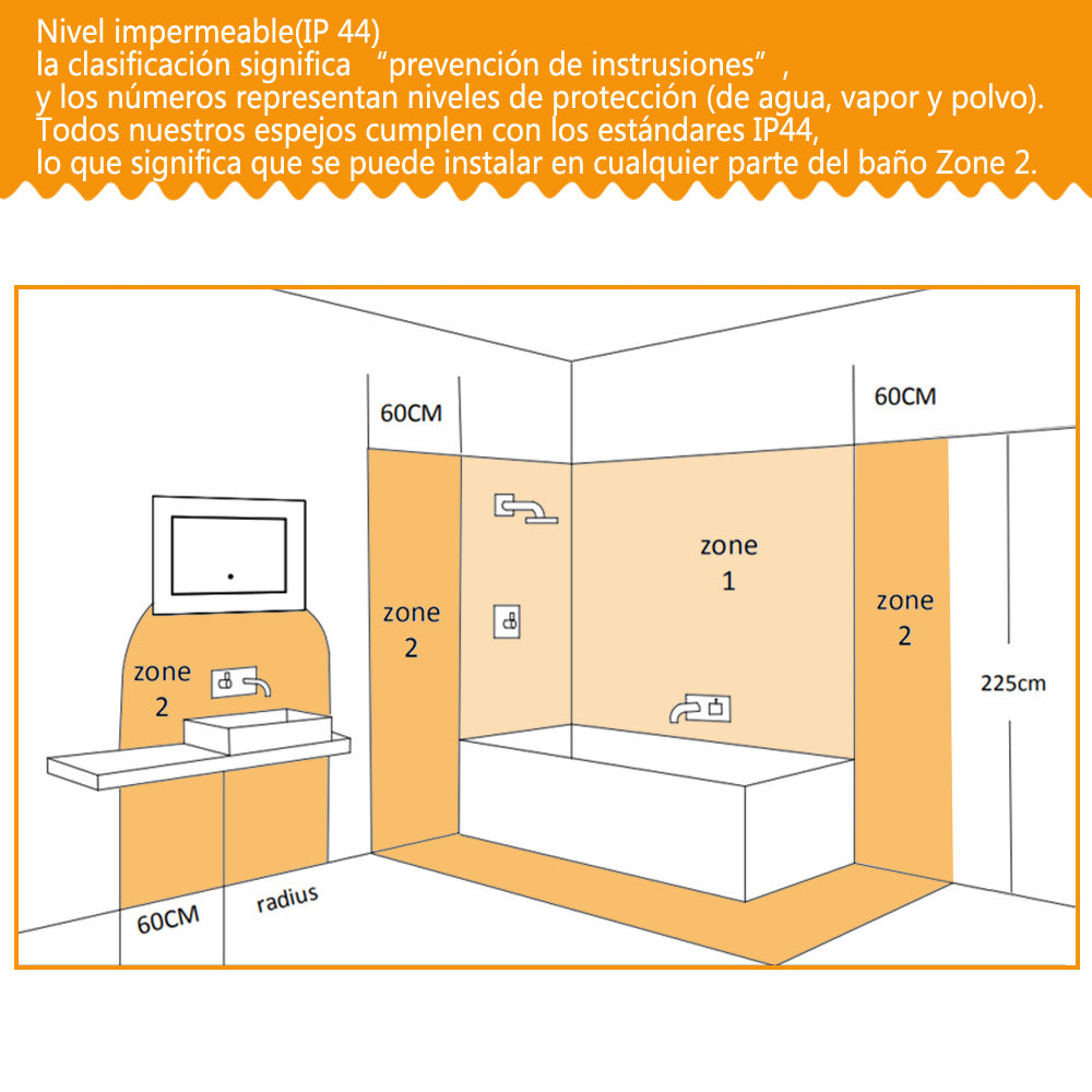 Espejo de Baño Iluminado LED(Brillo LED Envolvente), Sensor Táctil, Desempañador Antivaho, Vertical o Horizontal