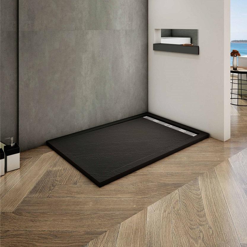 Plato de Ducha Rectangular extraplano RESINA PIZARRA GEL COAT NEGRO, Válvula incluida, Antideslizante