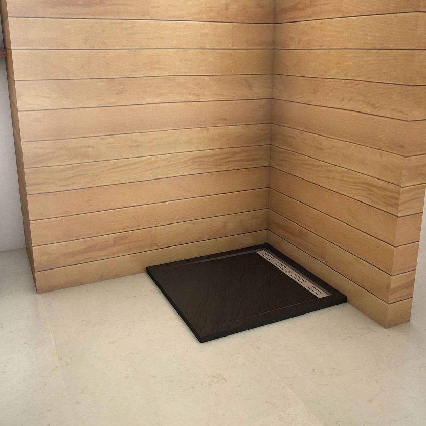 Plato de Ducha Rectangular extraplano RESINA PIZARRA GEL COAT NEGRO, Válvula incluida, Antideslizante