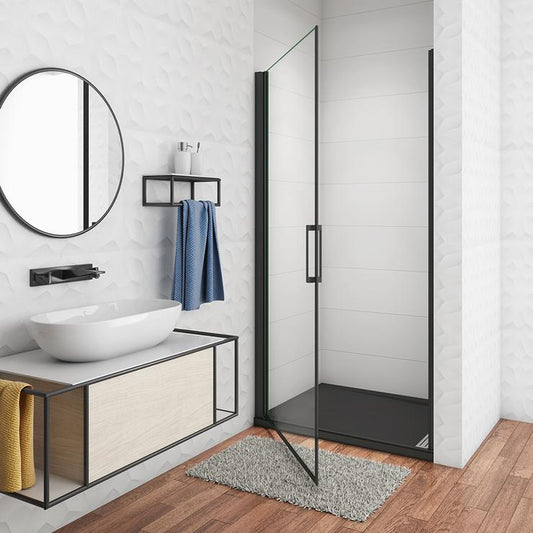 Mampara de ducha Frontal, Mampara abatible, una puerta giratoria, perfiles negros mate, vidrio de templado seguridad, antical, transparente de 8mm