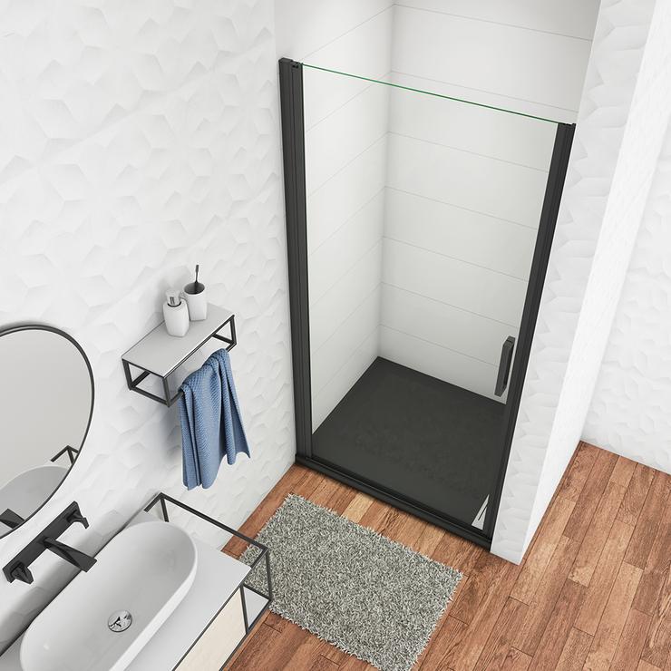 Mampara de ducha Frontal, Mampara abatible, una puerta giratoria, perfiles negros mate, vidrio de templado seguridad, antical, transparente de 8mm