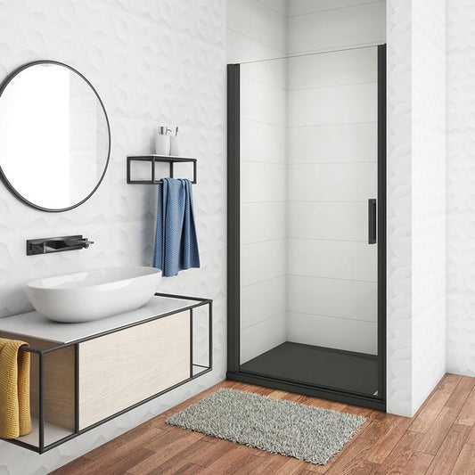 Mampara de ducha Frontal, Mampara abatible, una puerta giratoria, perfiles negros mate, vidrio de templado seguridad, antical, transparente de 8mm