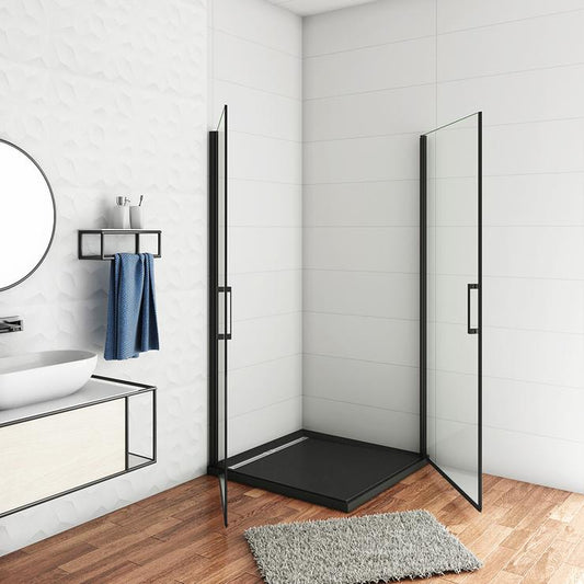 Cabina de ducha, puerta abatible, perfiles negros mate, vidrio de templado seguridad, antical, transparente de 8mm