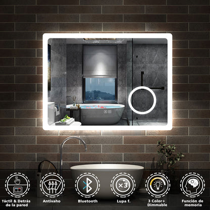 Aica Espejo de baño LED,Bluetooth,Espejo de aumento，Tricolor regulable