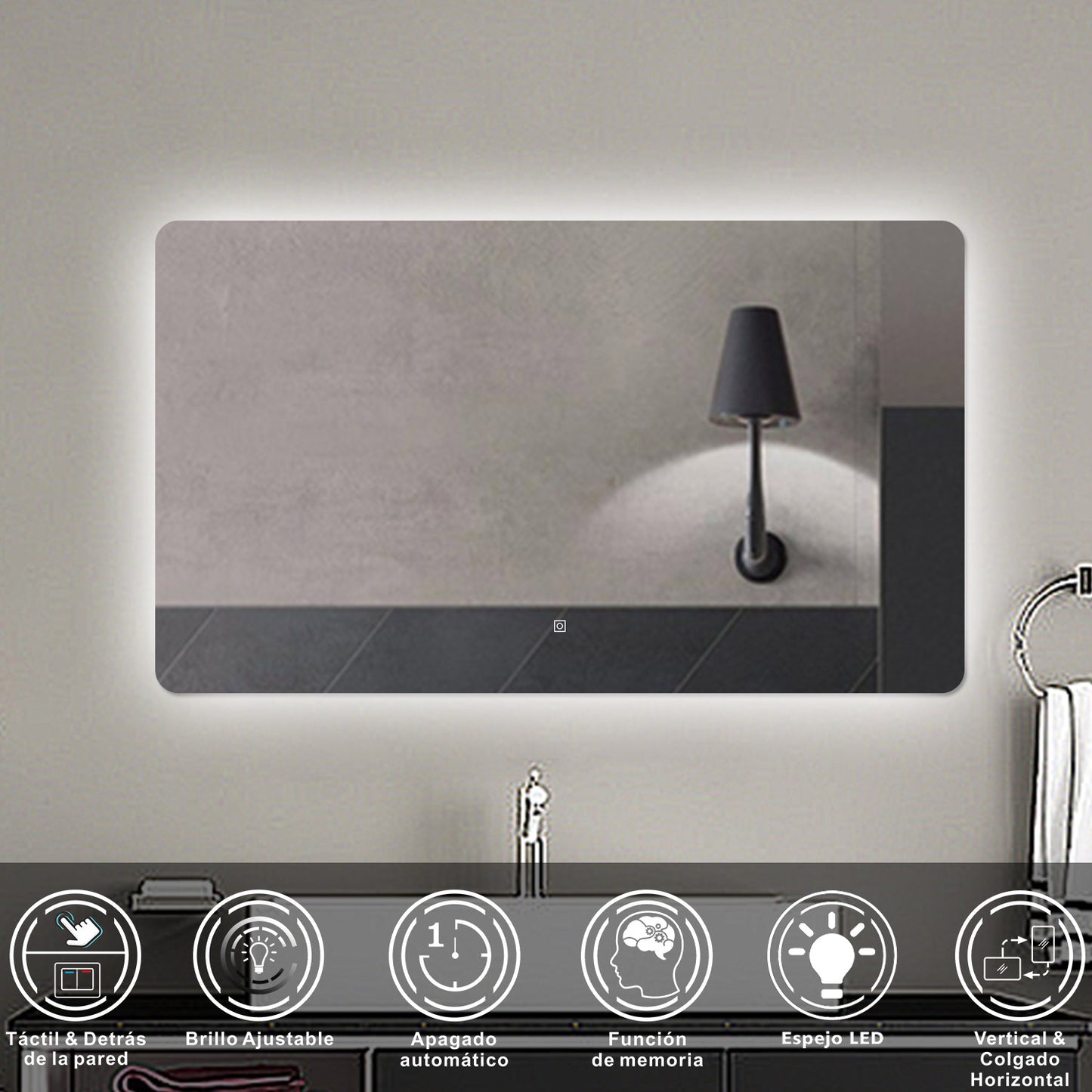 Aica Espejo de baño LED ,luz blanca 6000k,brillo ajustable,colgado horizontal/vertical,interruptor táctil.