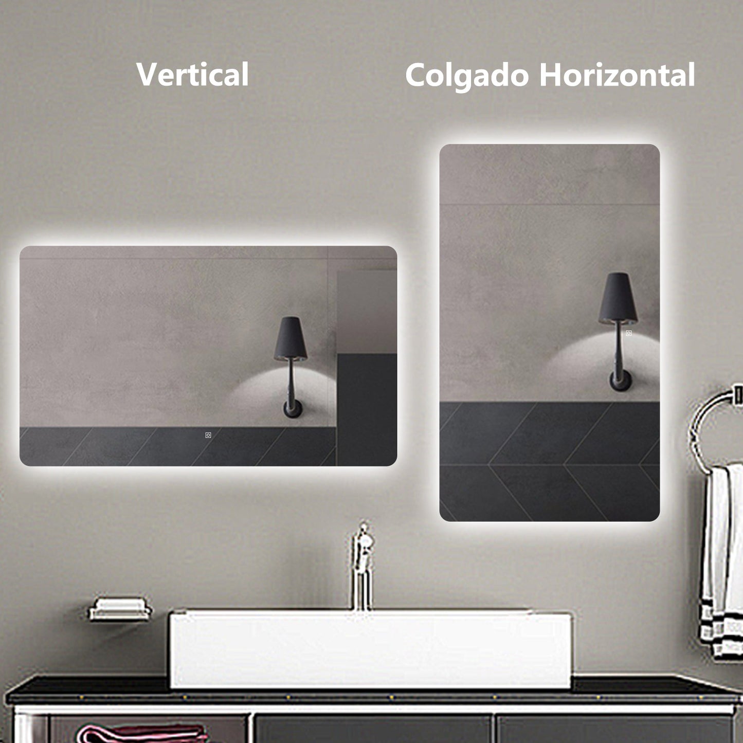 Aica Espejo de baño LED ,luz blanca 6000k,brillo ajustable,colgado horizontal/vertical,interruptor táctil.