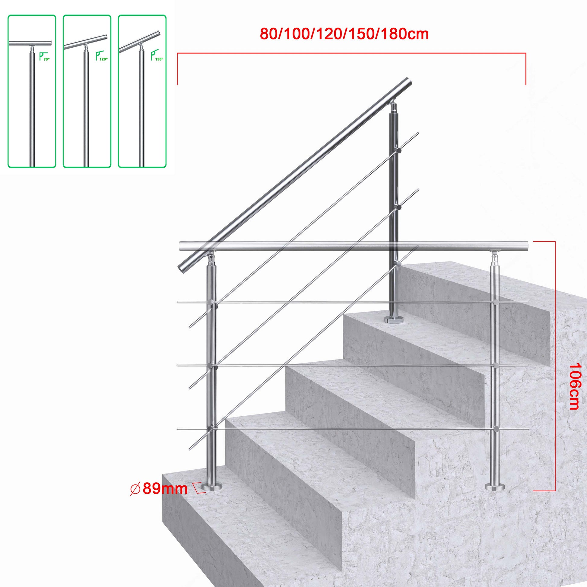 AICA Barandilla escalera de acero inoxidable 80/100/120/150/180/200/220/240 cm con 3 barras transversales para interior