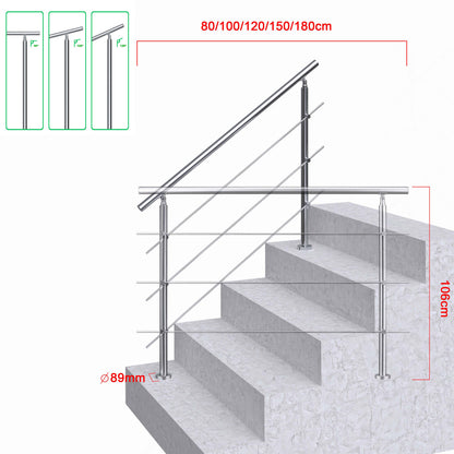 AICA Barandilla escalera de acero inoxidable 80/100/120/150/180/200/220/240 cm con 3 barras transversales para interior