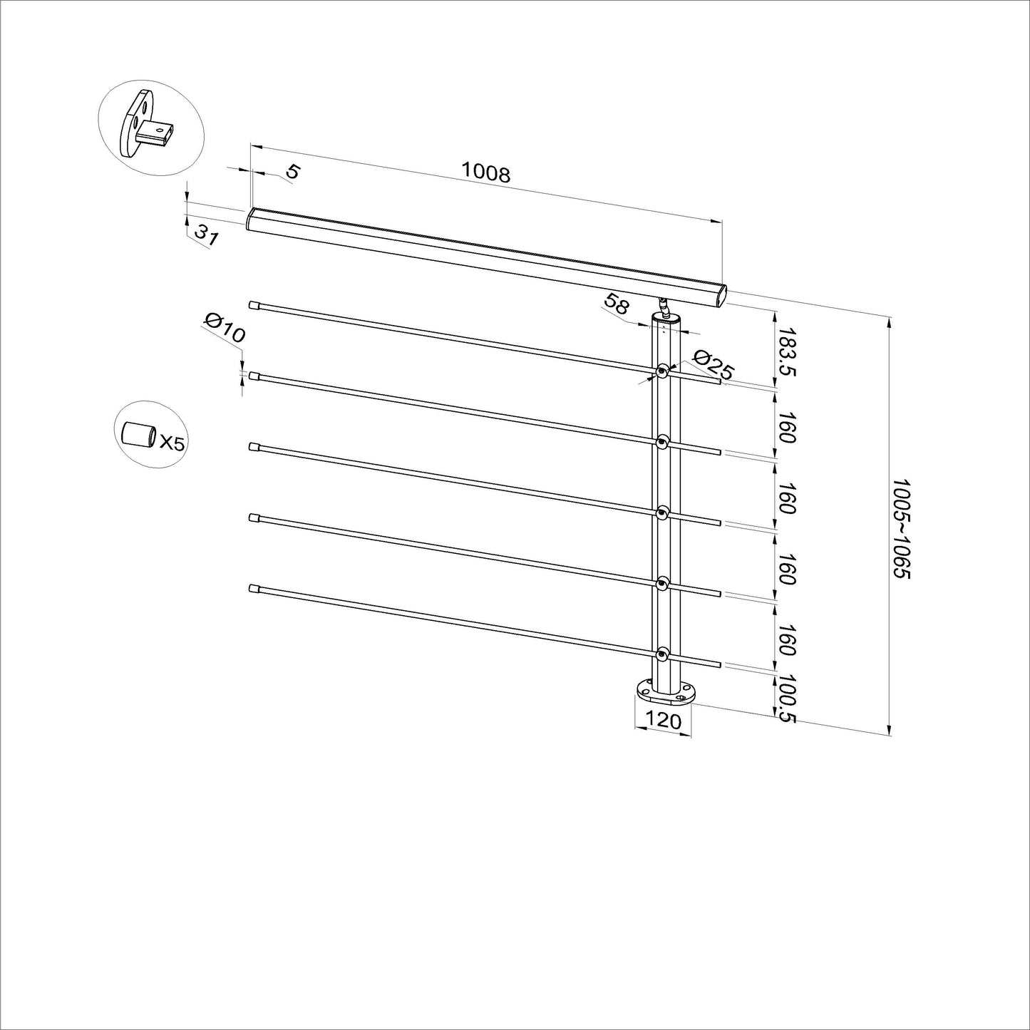 Barandilla de aluminio negro mate / plateado mate, longitudes 100 cm, 150 cm, 200 cm, conector mural, montaje al suelo