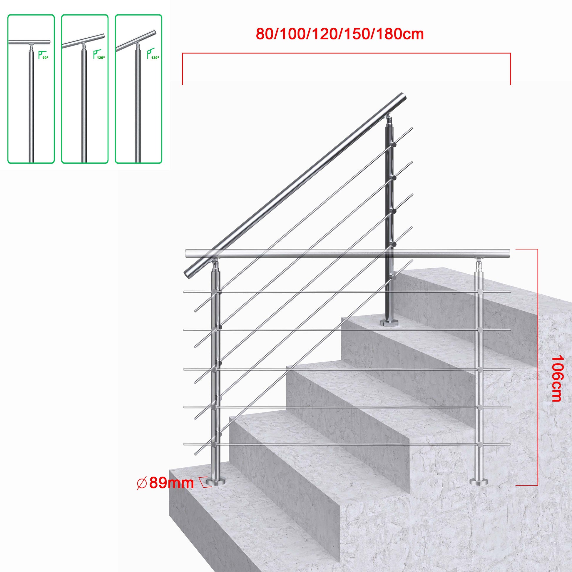 AICA Barandilla escalera de acero inoxidable 80/100/120/150/180/200/220/240 cm con 5 barras transversales para interior