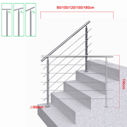 AICA Barandilla escalera de acero inoxidable 80/100/120/150/180/200/220/240 cm con 5 barras transversales para interior