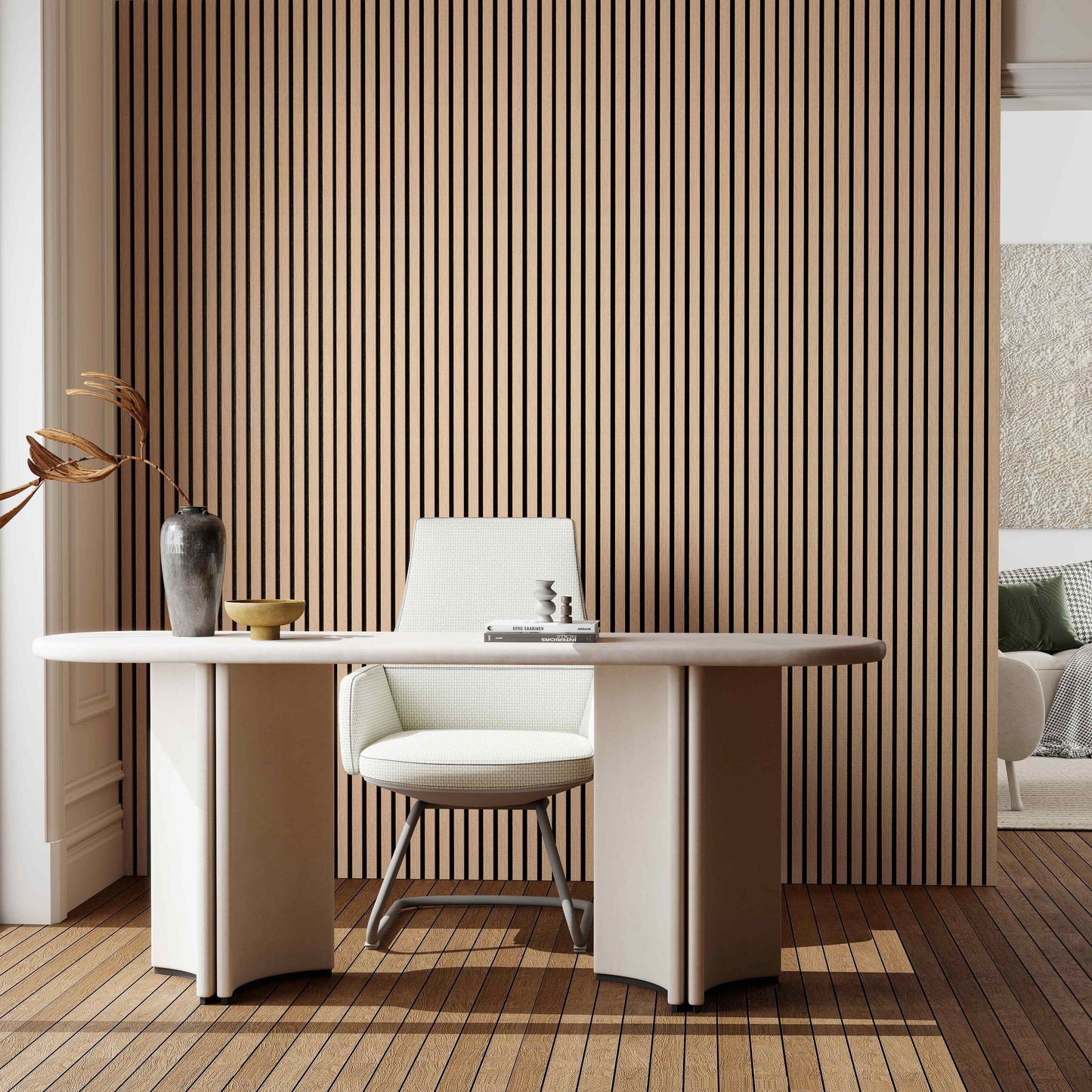 Paneles acústicos decorativos de MDF para paredes - Set de 2/3 Unidades - 260x30 cm - Color roble natural/claro/oscuro/nogal/gris claro Set de 3 Unidades Color roble oscuro 260 × 30 cm
