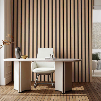 Paneles acústicos decorativos de MDF para paredes - Set de 2/3 Unidades - 260x30 cm - Color roble natural/claro/oscuro/nogal/gris claro Set de 3 Unidades Color roble oscuro 260 × 30 cm