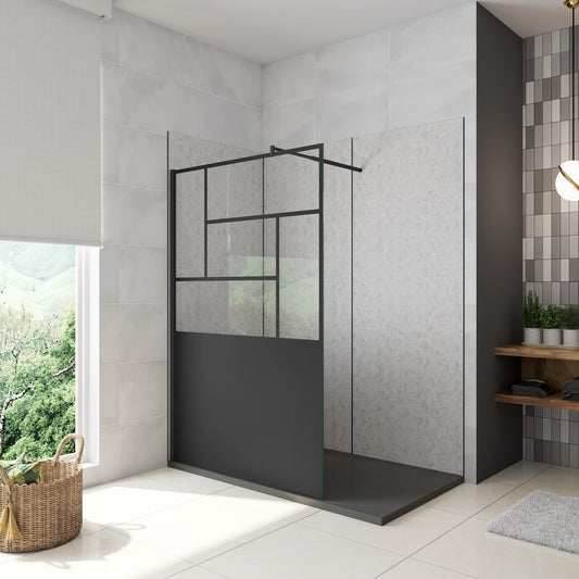 AICA Walkin Mampara Panel de ducha Pantalla Panel Fijo estilo industrial Cristal Antical 8mm con Barra 70-120cm Perfil Negro Mate,(877-900)x2000mm/(977-1000)x2000mm/(1177-1200)x2000mm