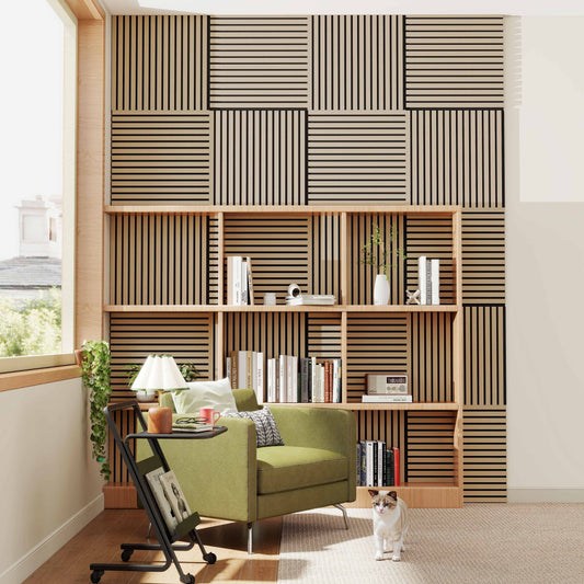 Paneles acústicos decorativos de MDF para paredes - Set de 4 Unidades - 60x60 cm - Color roble claro/Color roble oscuro