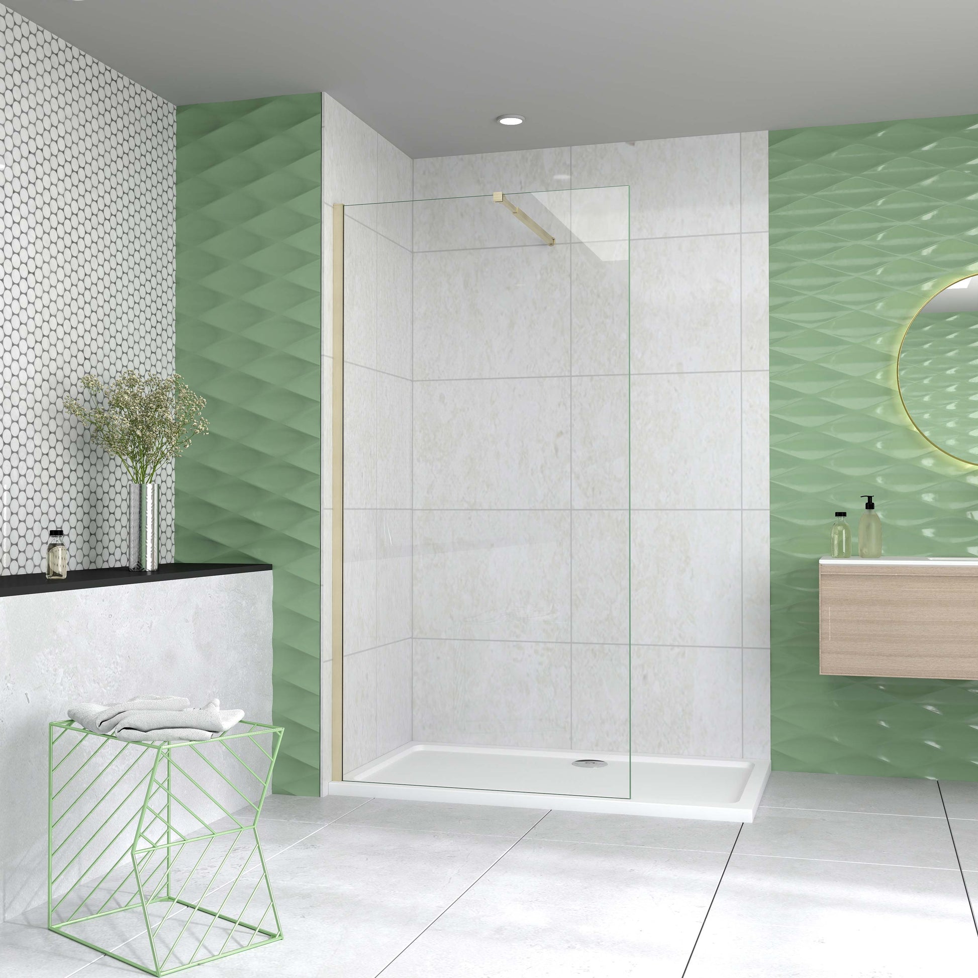 Mampara de ducha fija 50-160cm - Oro Cepillado - Cristal templado 8mm antical - Alto 200cm - Barra 73-120/70-120/N-forma:90/F-forma:90cm - Perfil aluminio dorado - Reversible
