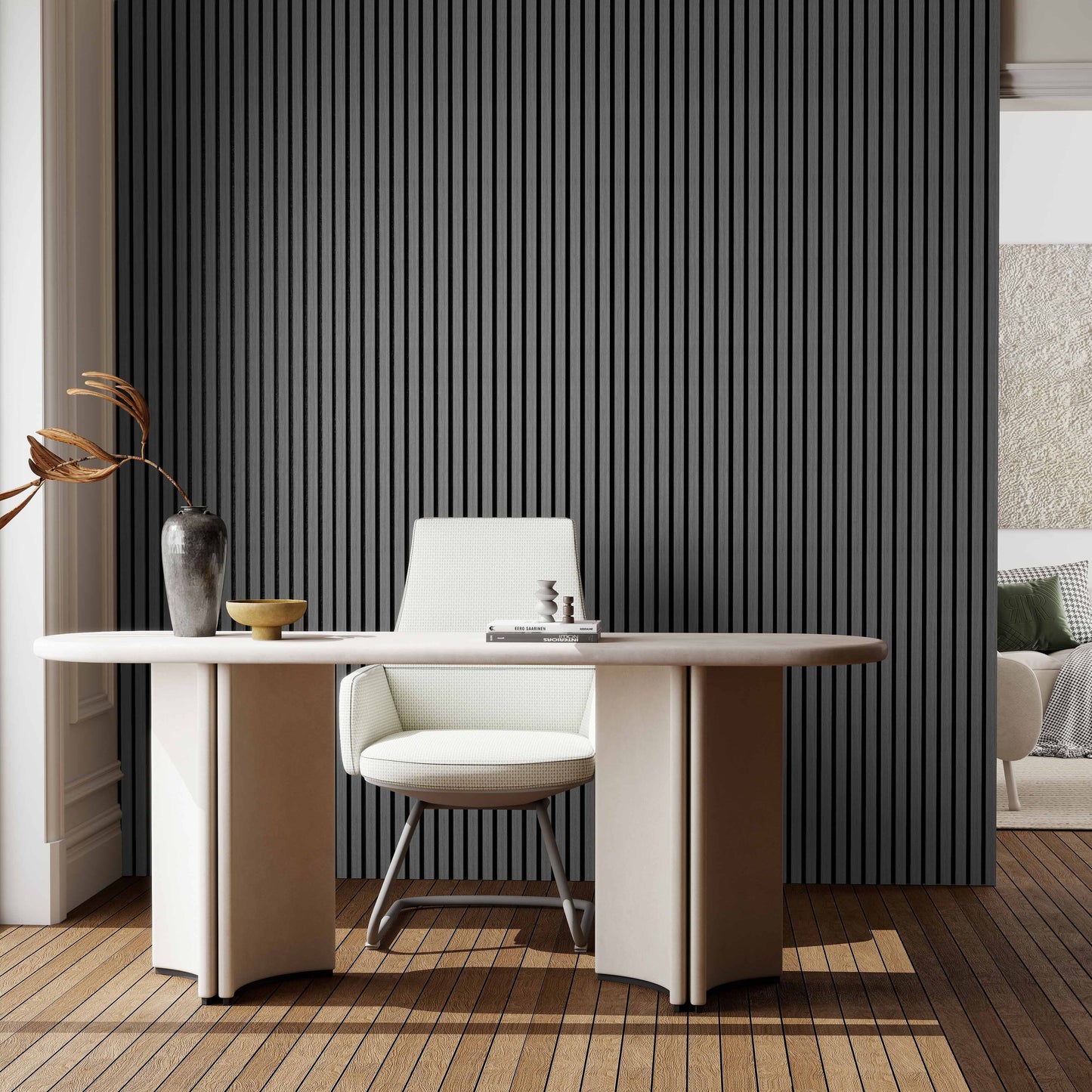 Paneles acústicos decorativos de MDF para paredes - Set de 2/3 Unidades - 260x30 cm - Color roble natural/claro/oscuro/nogal/gris claro Set de 3 Unidades Color roble negro 260 × 30 cm