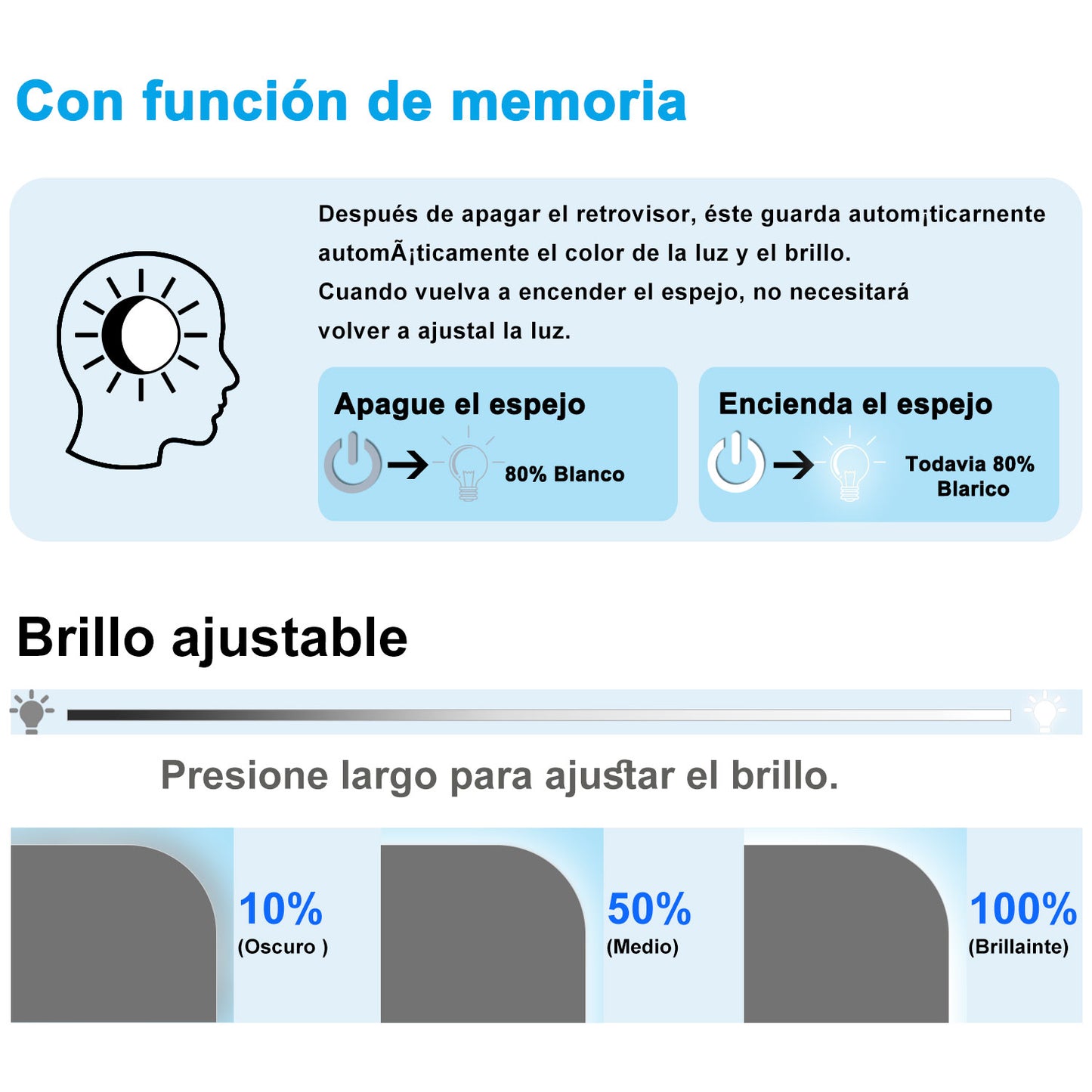 Aica Espejo de baño LED ,luz blanca 6000k,brillo ajustable,colgado horizontal/vertical,interruptor táctil.