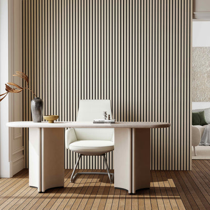 Paneles acústicos decorativos de MDF para paredes - Set de 2/3 Unidades - 260x30 cm - Color roble natural/claro/oscuro/nogal/gris claro Set de 2 Unidades Color roble natural 260 × 30 cm