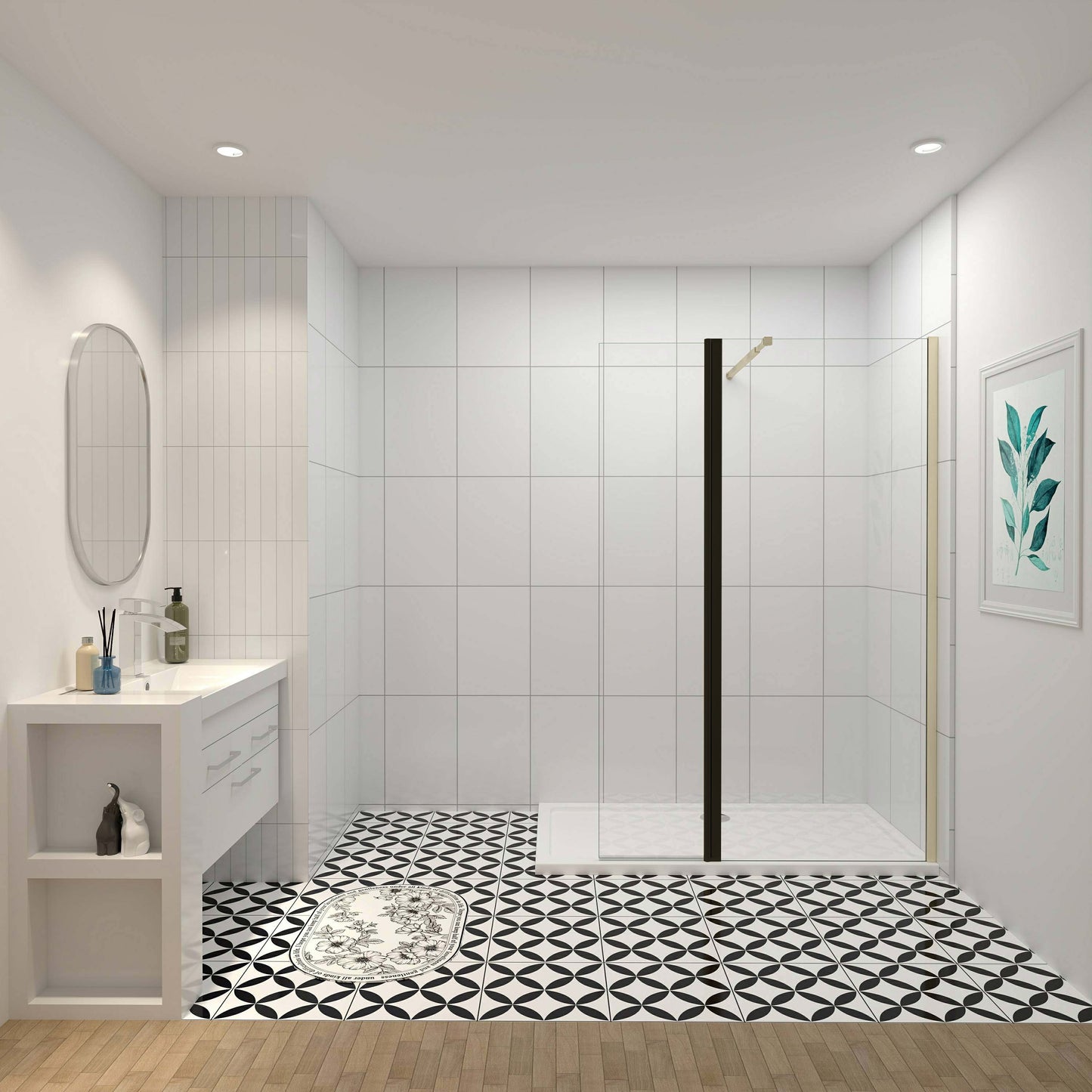 Mampara de ducha fija + lateral (50-160+30)x200cm - Oro Cepillado - Cristal templado 8mm antical - Barra 73-120/70-120/N-forma:90/F forma:90cm - Perfil aluminio dorado -Pivote negro