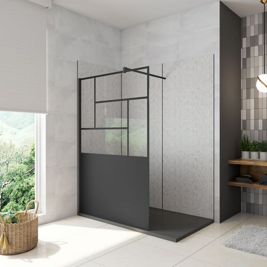 AICA Walkin Mampara Panel de ducha Pantalla Panel Fijo estilo industrial Cristal Antical 8mm con Barra 140cm Perfil Negro Mate,(877-900)x2000mm/(977-1000)x2000mm/(1177-1200)x2000mm