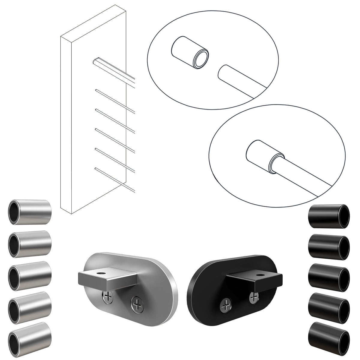 Kit de fijación mural para barandilla de aluminio, negro mate / plata mate, para fijar el extremo del tubo a la pared
