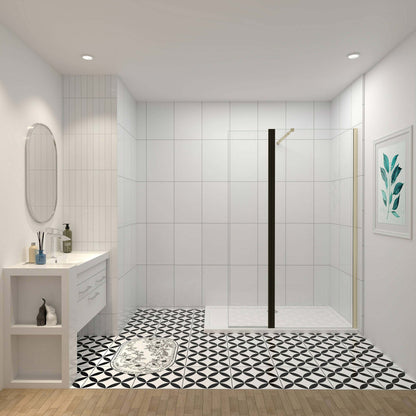 Mampara de ducha fija + lateral (50-160+40)x200cm - Oro Cepillado - Cristal templado 8mm antical - Barra 73-120/70-120/N-forma:90/F forma:90cm - Perfil aluminio dorado -Pivote negro