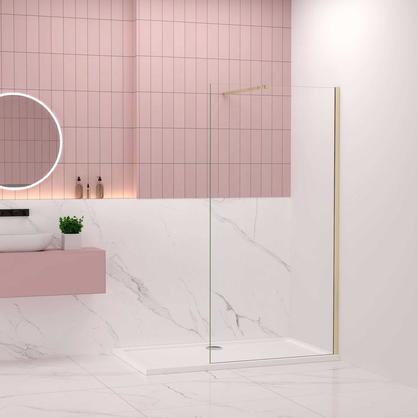 Mampara fija de ducha 80-120 cm (Alto 200 cm) | Cristal de 8 mm con película antiexplosión, perfilería de aluminio y barra 73-120/70-120/N-forma:90/F forma:90 cm - Oro Cepillado