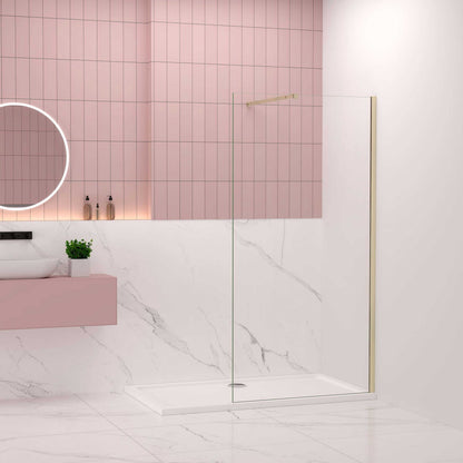 Mampara fija de ducha 80-120 cm (Alto 200 cm) | Cristal de 8 mm con película antiexplosión, perfilería de aluminio y barra 73-120/70-120/N-forma:90/F forma:90 cm - Oro Cepillado