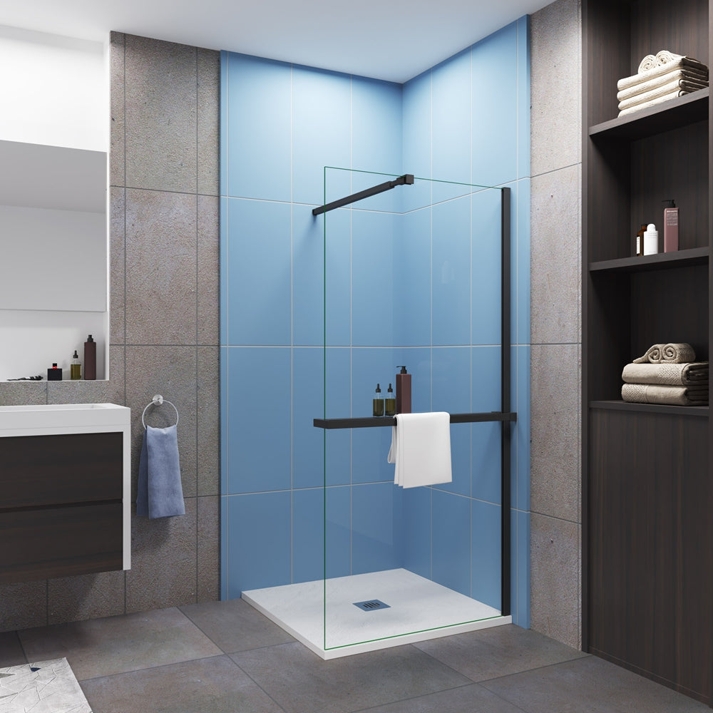 AICA Mampara de ducha fija negra con estante-80/100/140x200cm-Vidrio Templado Antical 8mm-Barra ajustable 73-120/70-120/N:90/N:140/F:90/F:140cm-Perfil Negro Mate