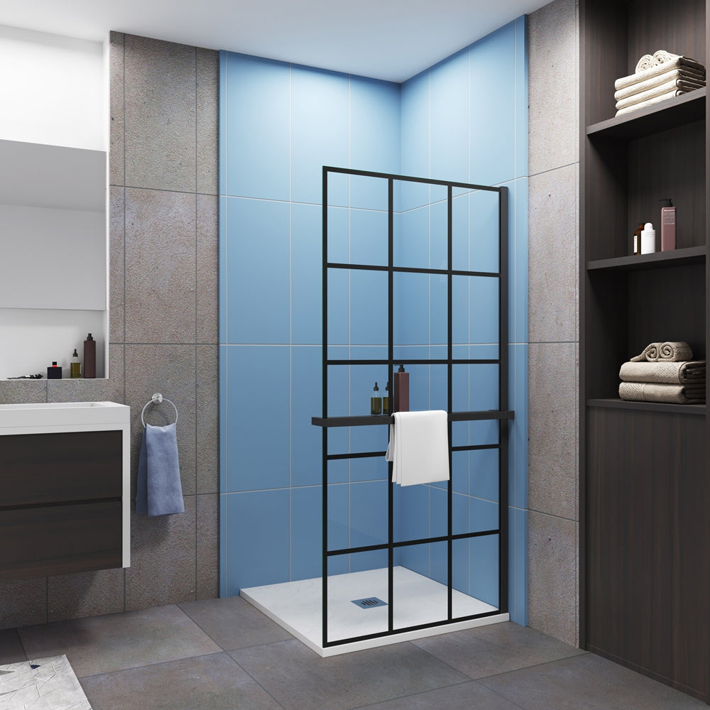 AICA Mampara Fija de Ducha Industrial Negro Mate 80/100x200cm - Cristal Templado de Seguridad 8mm con Antical, Serigrafía Cuadrada y Estante de Baño