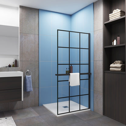 AICA Mampara Fija de Ducha Industrial Negro Mate 80/100x200cm - Cristal Templado de Seguridad 8mm con Antical, Serigrafía Cuadrada y Estante de Baño