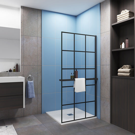 AICA Mampara Fija de Ducha Industrial Negro Mate 80/100x200cm - Cristal Templado de Seguridad 8mm con Antical, Serigrafía Cuadrada y Estante de Baño