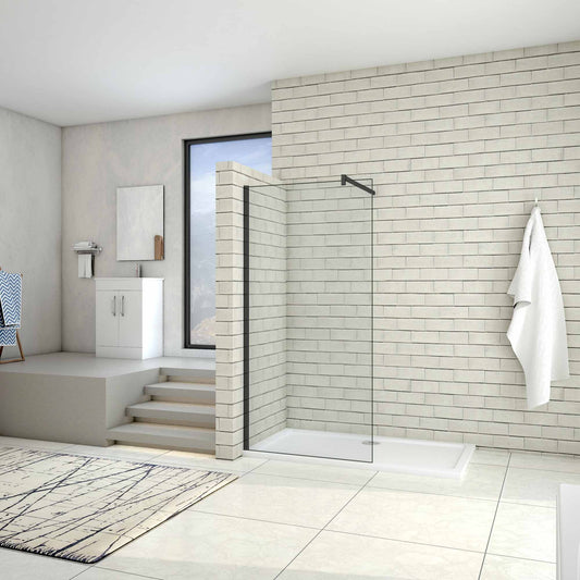 AICA Walk in Mampara de ducha frontal 1 hoja sin marco exterior, Cristal templado antical 5mm con Barra 90cm,Perfil Negro Mate,(680-700)x1900mm/(780-800)x1900mm