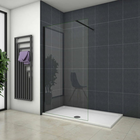 AICA Walk in Mampara de ducha frontal 1 hoja sin marco exterior, Cristal templado antical 5mm con Barra1 90cm,Perfil Negro Mate,(680-700)x1900mm/(780-800)x1900mm