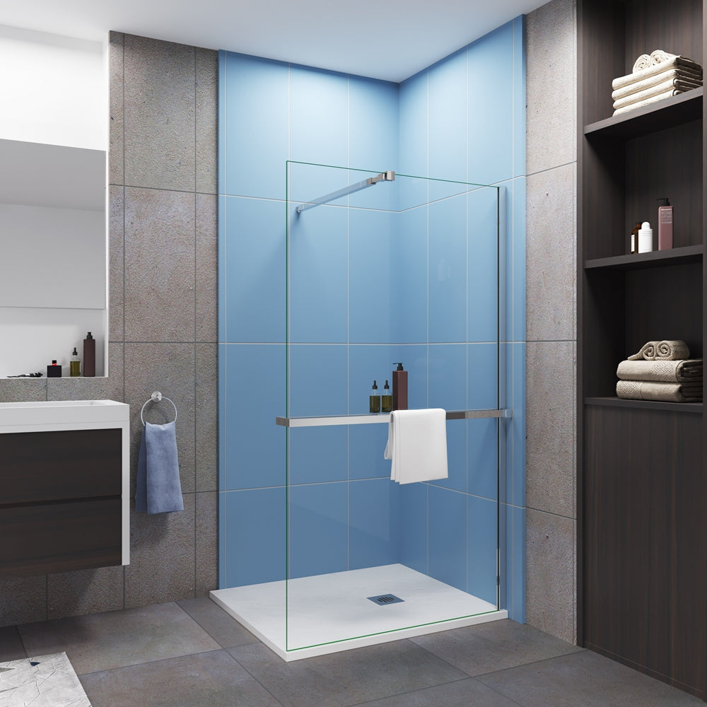 AICA Mampara de ducha fija con estante-100/140x200cm-Vidrio Templado Antical 8mm-Barra ajustable 73-120/70-120/N:90/N:140/F:90/F:140cm-Perfil Cromado