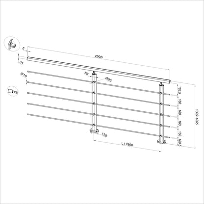 Barandilla de aluminio negro mate / plateado mate, longitudes 100 cm, 150 cm, 200 cm, conector mural, montaje al suelo