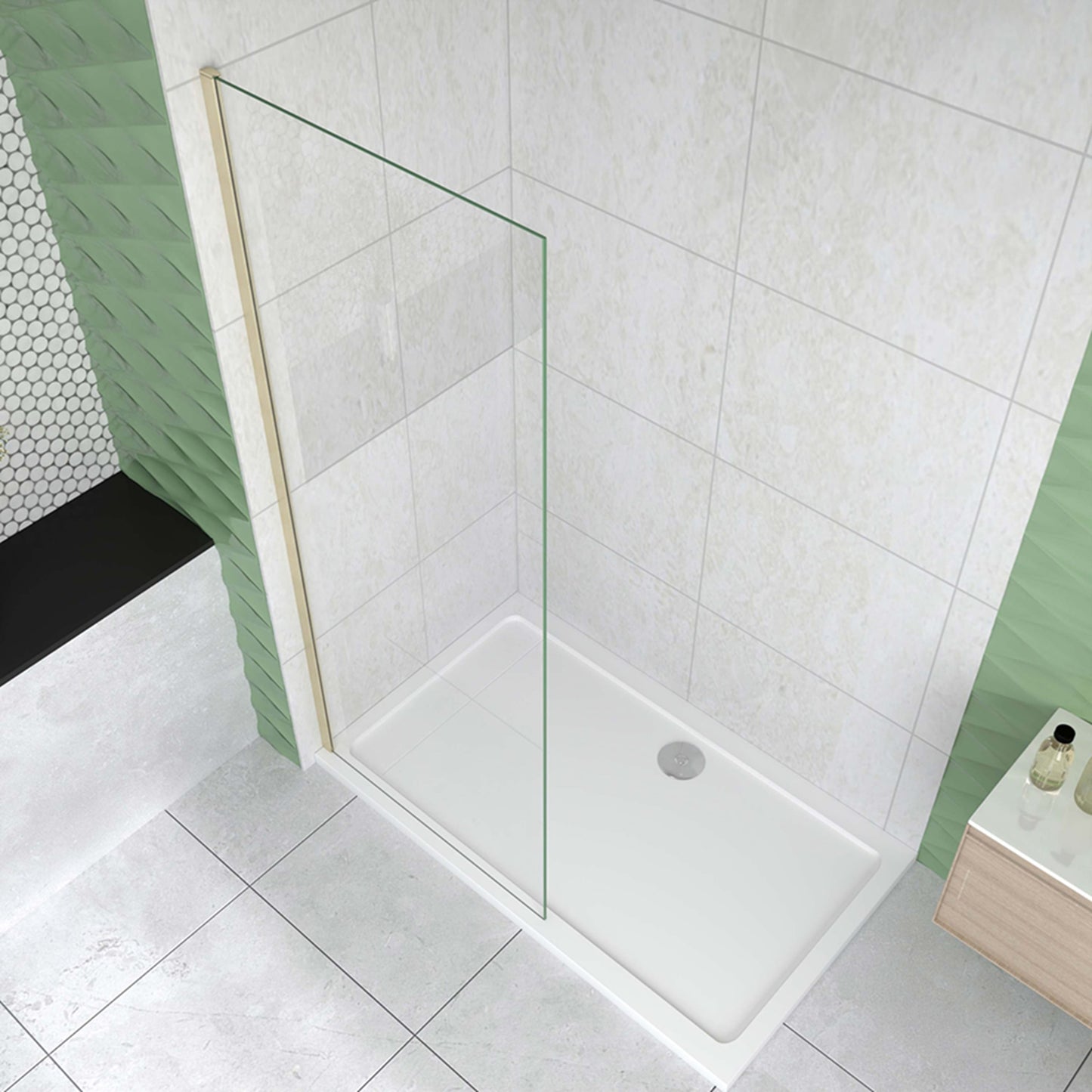 Mampara de ducha fija 50-160cm - Oro Cepillado - Cristal templado 8mm antical - Alto 200cm - Perfil aluminio dorado - Reversible