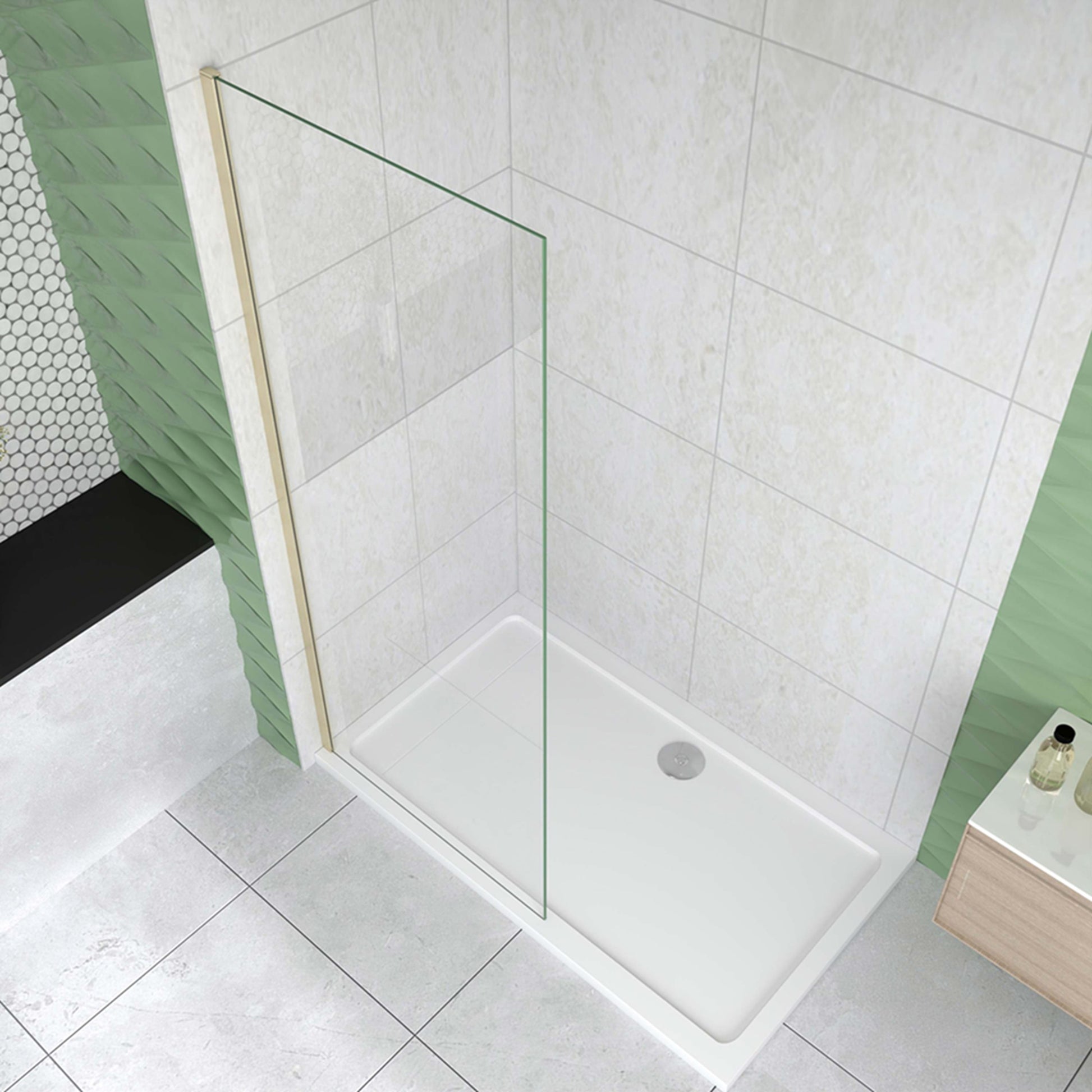 Mampara de ducha fija 50-160cm - Oro Cepillado - Cristal templado 8mm antical - Alto 200cm - Perfil aluminio dorado - Reversible
