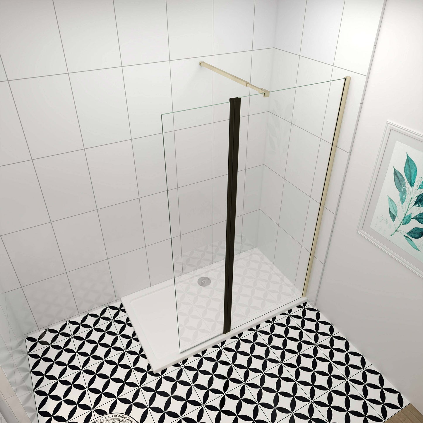 Mampara de ducha fija + lateral (50-160+30)x200cm - Oro Cepillado - Cristal templado 8mm antical - Barra 73-120/70-120/N-forma:90/F forma:90cm - Perfil aluminio dorado -Pivote negro